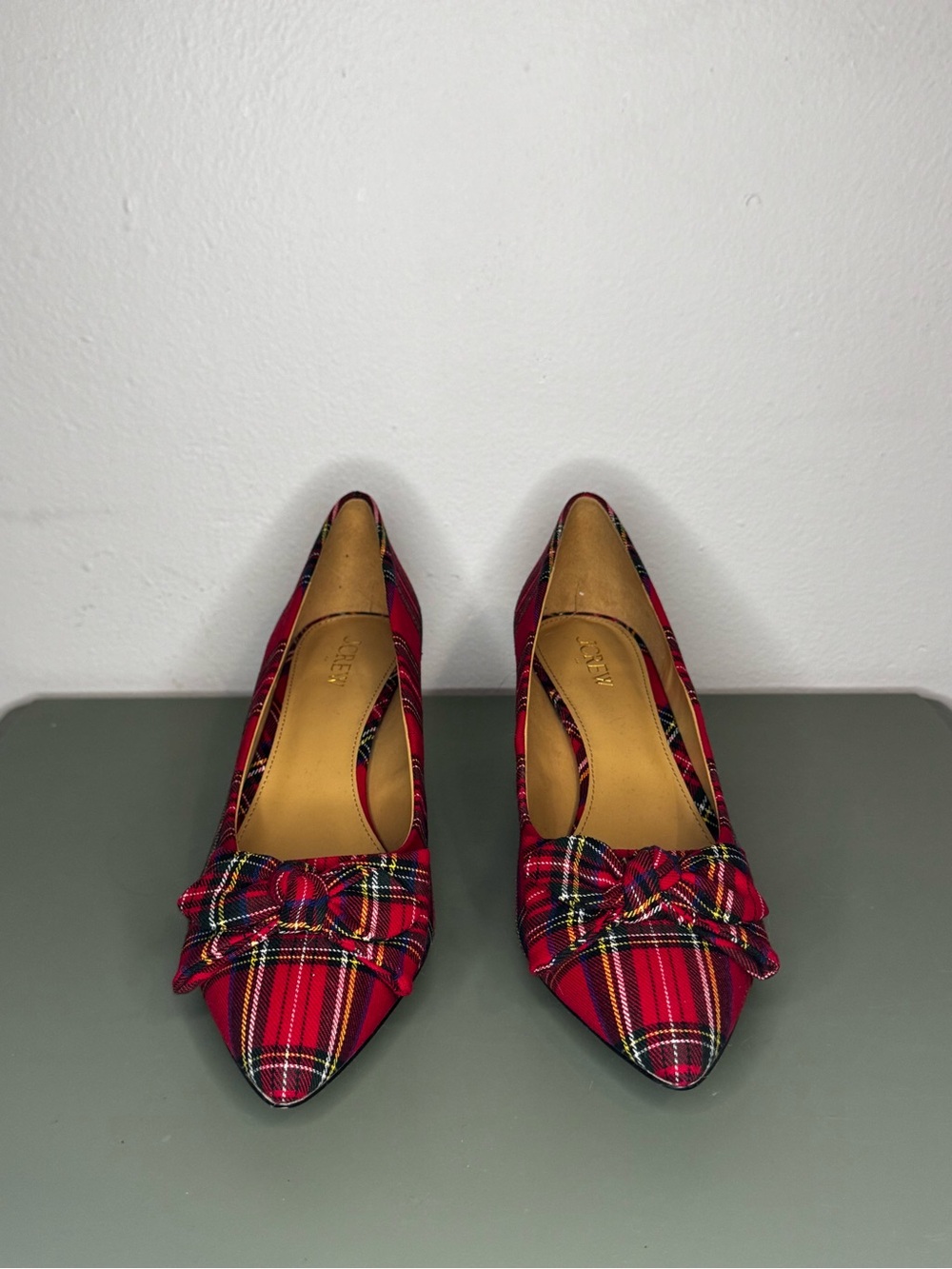 J.Crew Red Plaid Pointed-Toe Kitten Heel Pumps with Bow - Picture 2 of 5